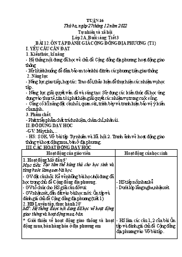 Kế hoạch bài dạy Tự nhiên và xã hội Lớp 1+2 - Tuần 16 - Năm học 2022-2023 - Phạm Chí Công