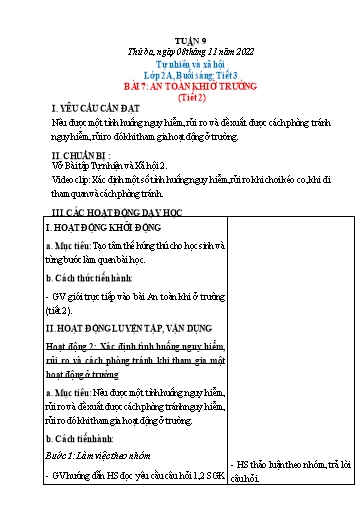 Kế hoạch bài dạy Tự nhiên và xã hội Lớp 1+2 - Tuần 9 - Năm học 2022-2023 - Phạm Chí Công