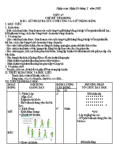 Kế hoạch bài học Giáo dục thể chất 6 - Tiết 47+48, Bài 4: Kĩ thuật ra sức cuối cùng và giữ thăng bằng - Năm học 2022-2023 - Trường THCS Trần Kim Xuyến