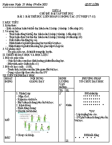 Kế hoạch bài học Giáo dục thể chất 6 - Tiết 5+6, Bài 2: Bài thể dục liên hoàn 32 động tác (Từ nhịp 17-32) - Năm học 2022-2023 - Trường THCS Trần Kim Xuyến