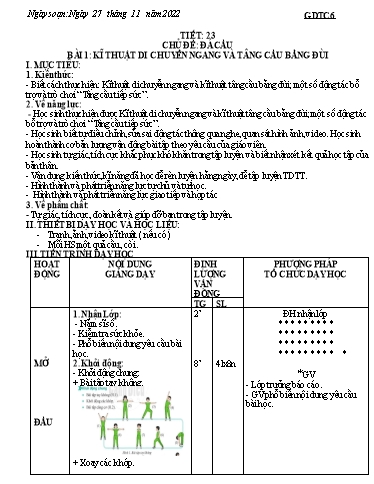Kế hoạch bài học Giáo dục thể chất 6+7 - Tiết 23+24 - Năm học 2022-2023 - Trường THCS Trần Kim Xuyến