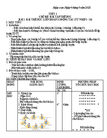Kế hoạch bài học Giáo dục thể chất 7 - Tiết 1+2, Bài 1: Bài thể dục liên hoàn 32 động tác (Từ nhịp 1-16) - Năm học 2023-2024 - Phạm Chí Công