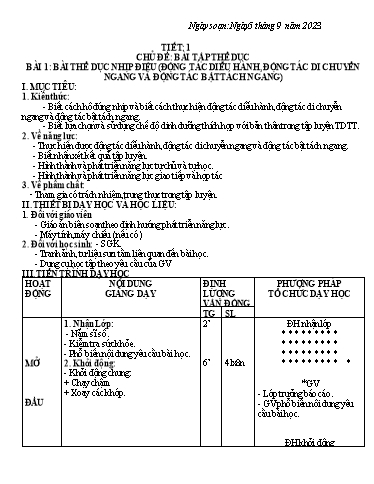 Kế hoạch bài học Giáo dục thể chất 8 - Tiết 1+2, Bài 1: Bài thể dục nhịp điệu (Động tác diễu hành, động tác di chuyển ngang và động tác bật tách ngang - Năm học 2023-2024 - Phạm Chí Công