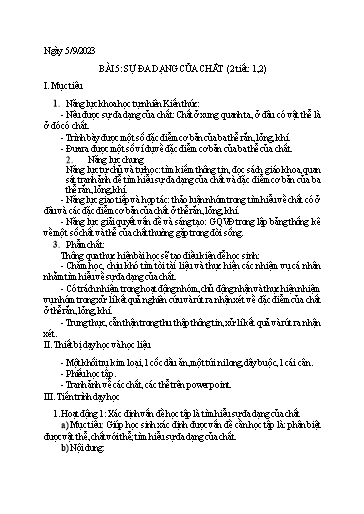 Kế hoạch bài học Khoa học tự nhiên 6 - Bài 5: Sự đa dạng của chất (2T) - Năm học 2023-2024 - Phạm Thị Hồng Thuận