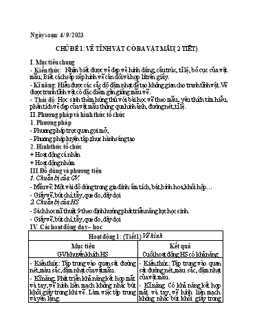 Kế hoạch bài học Mĩ thuật 9 - Chủ đề 1: Vẽ tĩnh vật có ba vật mẫu - Năm học 2023-2024 - Hoàng Thị Hằng