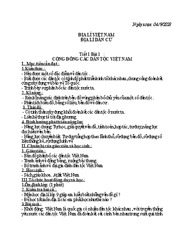 Kế hoạch bài học môn Địa lí Lớp 9 - Bài 1: Cộng đồng các dân tộc Việt Nam - Năm học 2023-2024 - Trường THCS Trần Kim Xuyến