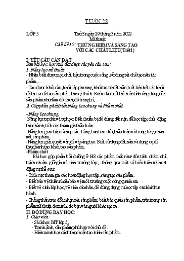 Kế hoạch bài học môn Mĩ thuật Lớp 1-5 - Tuần 28 - Năm học 2021-2022 - Trần Thị Tố Hoa