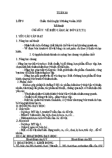 Kế hoạch bài học môn Mĩ thuật Lớp 1-5 - Tuần 30 - Năm học 2022-2023 - Trần Thị Tố Hoa