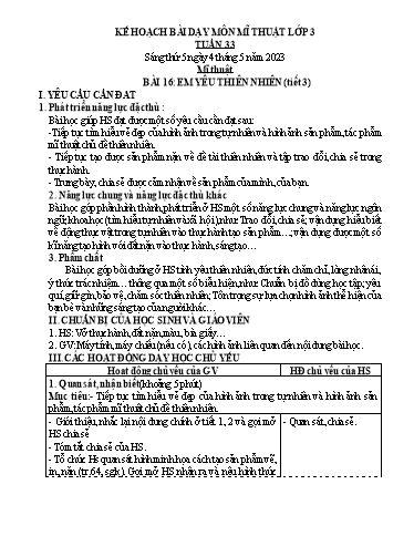 Kế hoạch bài học môn Mĩ thuật Lớp 3+5 - Tuần 33 - Năm học 2022-2023 - Trần Thị Tố Hoa