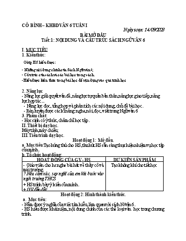 Kế hoạch bài học môn Ngữ văn Lớp 6 - Tiết 1: Nội dung và cấu trúc sách Ngữ Văn - Năm học 2023-2024 - Trường THCS Trần Kim Xuyế