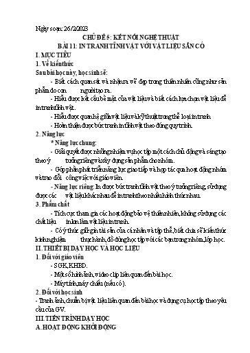 Kế hoạch bài học Mỹ thuật 7 - Chủ đề 5, Bài 11: In tranh tĩnh vật với vật liệu sẵn có - Năm học 2022-2023 - Trường THCS Trần Kim Xuyến