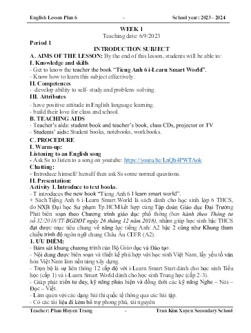 Kế hoạch bài học Tiếng Anh 6 - Tuần 1, Tiết 1: Introduction - Năm học 2023-2024 - Phan Huyền Trang