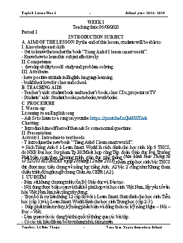 Kế hoạch bài học Tiếng Anh 6 - Tuần 1, Tiết 1: Introduction subject - Năm học 2023-2024 - Lê Đức Thuận