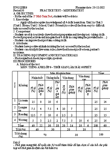 Kế hoạch bài học Tiếng Anh 6 - Tuần 11, Tiết 30: Practice test - Năm học 2022-2023 - Trường THCS Trần Kim Xuyến