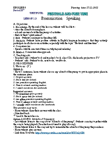 Kế hoạch bài học Tiếng Anh 6 - Tuần 12, Tiết 33: Festivals and free time, Lesson 1.3 - Năm học 2022-2023 - Trường THCS Trần Kim Xuyến