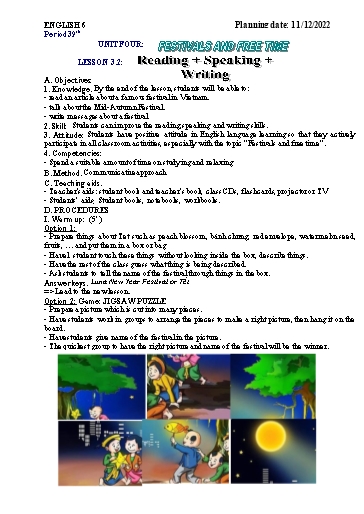 Kế hoạch bài học Tiếng Anh 6 - Tuần 14, Tiết 39: Festivals and free time, Lesson 3.2 - Năm học 2022-2023 - Trường THCS Trần Kim Xuyến