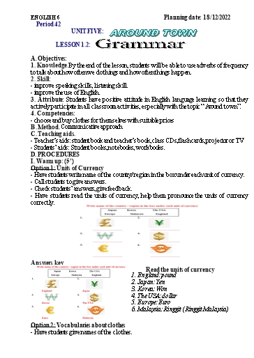 Kế hoạch bài học Tiếng Anh 6 - Tuần 14, Tiết 42: Around town, Lesson 1.2 - Năm học 2022-2023 - Trường THCS Trần Kim Xuyến