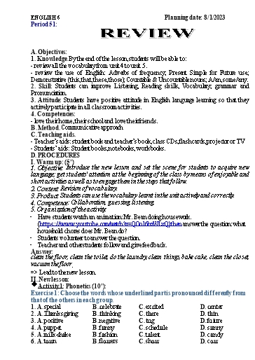 Kế hoạch bài học Tiếng Anh 6 - Tuần 18, Review - Năm học 2022-2023 - Trường THCS Trần Kim Xuyến