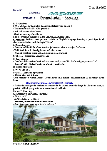 Kế hoạch bài học Tiếng Anh 6 - Tuần 2, Unit 1: Home - Năm học 2022-2023 - Trường THCS Trần Kim Xuyến