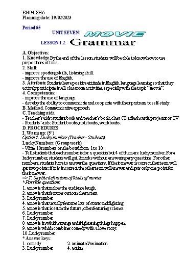 Kế hoạch bài học Tiếng Anh 6 - Tuần 23, Unit 7: Movie - Năm học 2022-2023 - Trường THCS Trần Kim Xuyến