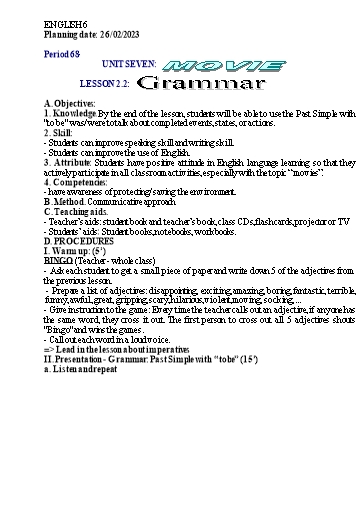 Kế hoạch bài học Tiếng Anh 6 - Tuần 24, Unit 7: Movie - Năm học 2022-2023 - Trường THCS Trần Kim Xuyến