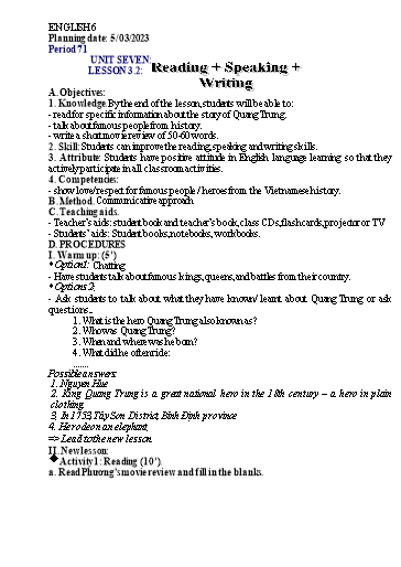 Kế hoạch bài học Tiếng Anh 6 - Tuần 25, Unit 7: Movie - Năm học 2022-2023 - Trường THCS Trần Kim Xuyến