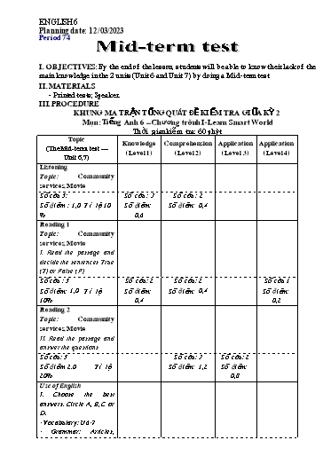 Kế hoạch bài học Tiếng Anh 6 - Tuần 26, Tiết 74: Kiểm tra giữa học kì - Năm học 2022-2023 - Trường THCS Trần Kim Xuyến