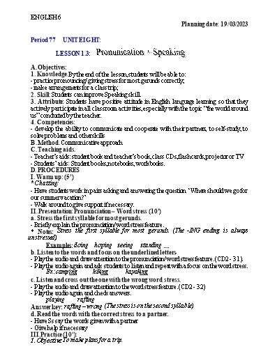 Kế hoạch bài học Tiếng Anh 6 - Tuần 27, Unit 8 - Năm học 2022-2023 - Trường THCS Trần Kim Xuyến
