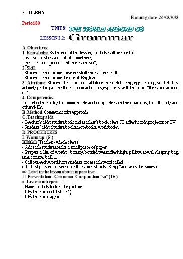 Kế hoạch bài học Tiếng Anh 6 - Tuần 28, Unit 8: The world around us - Năm học 2022-2023 - Trường THCS Trần Kim Xuyến