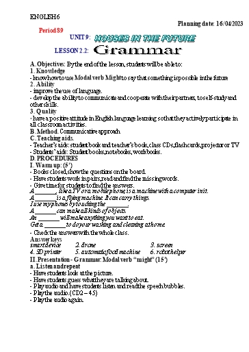 Kế hoạch bài học Tiếng Anh 6 - Tuần 31, Unit 9: Houses in the future - Năm học 2022-2023 - Trường THCS Trần Kim Xuyến