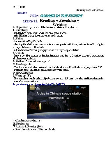 Kế hoạch bài học Tiếng Anh 6 - Tuần 32, Unit 9: Houses in the future - Năm học 2022-2023 - Trường THCS Trần Kim Xuyến