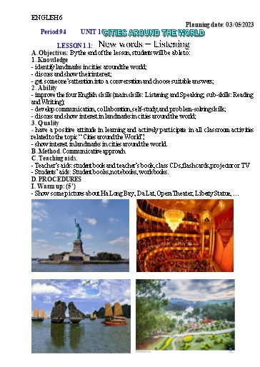 Kế hoạch bài học Tiếng Anh 6 - Tuần 33, Unit 10: Cities around the world - Năm học 2022-2023 - Trường THCS Trần Kim Xuyến