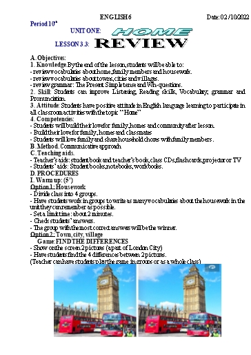 Kế hoạch bài học Tiếng Anh 6 - Tuần 4, Unit 1: Home, Lesson 3.3 - Năm học 2022-2023 - Trường THCS Trần Kim Xuyến