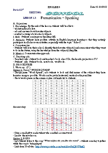 Kế hoạch bài học Tiếng Anh 6 - Tuần 5, Unit 2: Home, Lesson 1.3 - Năm học 2022-2023 - Trường THCS Trần Kim Xuyến