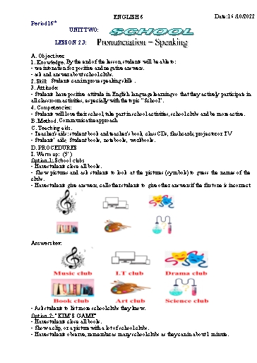 Kế hoạch bài học Tiếng Anh 6 - Tuần 6, Unit 2: School, Lesson 2.3 - Năm học 2022-2023 - Trường THCS Trần Kim Xuyến