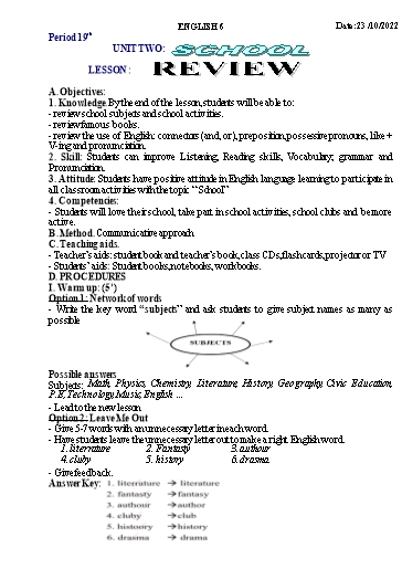 Kế hoạch bài học Tiếng Anh 6 - Tuần 7, Unit 2: School, Lesson: Review - Năm học 2022-2023 - Trường THCS Trần Kim Xuyến