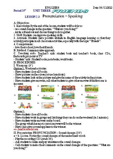 Kế hoạch bài học Tiếng Anh 6 - Tuần 9, Unit 3: Friends, Lesson 2.3 - Năm học 2022-2023 - Trường THCS Trần Kim Xuyến