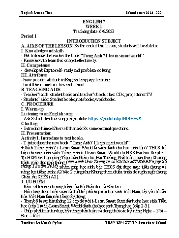 Kế hoạch bài học Tiếng Anh 7 -Tuần 1, Tiết 1: Introduction subject - Năm học 2023-2024 - Lê Khánh Nghĩa