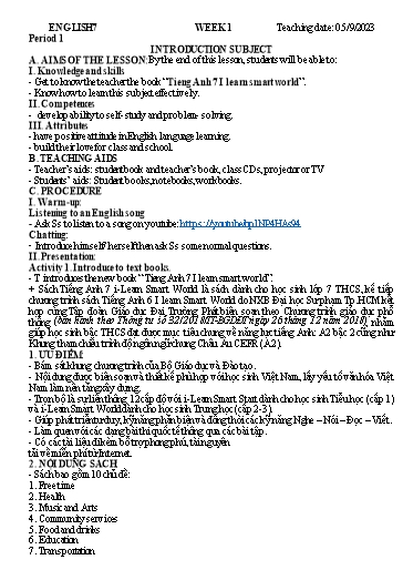 Kế hoạch bài học Tiếng Anh 7 - Tuần 1, Tiết 1: Introduction subject - Năm học 2023-2024 - Nguyễn Thị Thanh Mai
