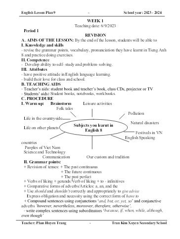 Kế hoạch bài học Tiếng Anh 9 - Tuần 1, Tiết 1: Revision - Năm học 2023-2024 - Phan Huyền Trang