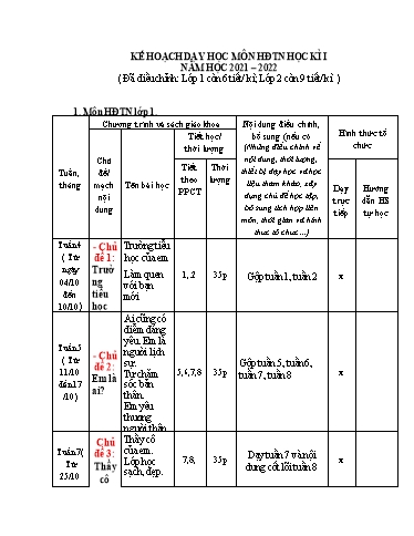 Kế hoạch dạy học môn Hoạt động trải nghiệm 1+2 - Học kì 1 - Năm học 2021-2022 - Cao Thị Liễu