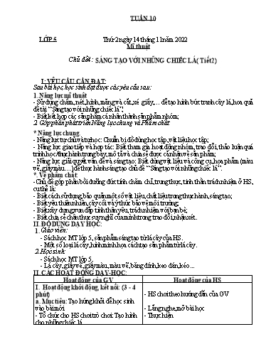 Kế hoạch dạy học môn Mĩ thuật Lớp 1-5 - Tuần 10 - Năm học 2021-2022 - Trần Thị Tố Hoa