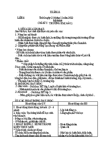 Kế hoạch dạy học môn Mĩ thuật Lớp 1-5 - Tuần 11 - Năm học 2022-2023 - Trần Thị Tố Hoa