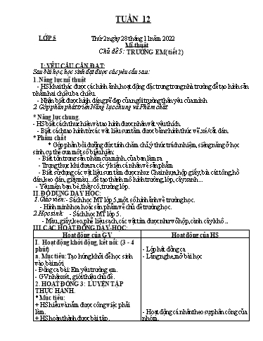 Kế hoạch dạy học môn Mĩ thuật Lớp 1-5 - Tuần 12 - Năm học 2022-2023 - Trần Thị Tố Hoa