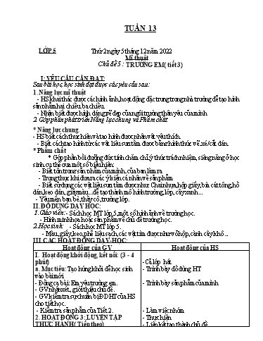 Kế hoạch dạy học môn Mĩ thuật Lớp 1-5 - Tuần 13 - Năm học 2022-2023 - Trần Thị Tố Hoa