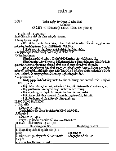 Kế hoạch dạy học môn Mĩ thuật Lớp 1-5 - Tuần 15 - Năm học 2022-2023 - Trần Thị Tố Hoa