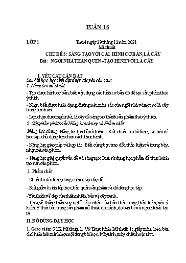 Kế hoạch dạy học môn Mĩ thuật Lớp 1-5 - Tuần 16 - Năm học 2021-2022 - Trần Thị Tố Hoa