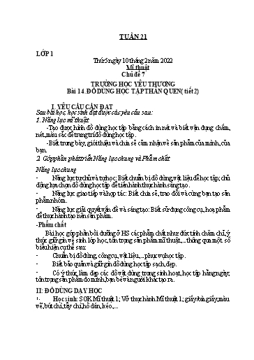 Kế hoạch dạy học môn Mĩ thuật Lớp 1-5 - Tuần 21 - Năm học 2021-2022 - Trần Thị Tố Hoa
