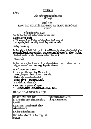 Kế hoạch dạy học môn Mĩ thuật Lớp 1-5 - Tuần 22 - Năm học 2021-2022 - Trần Thị Tố Hoa