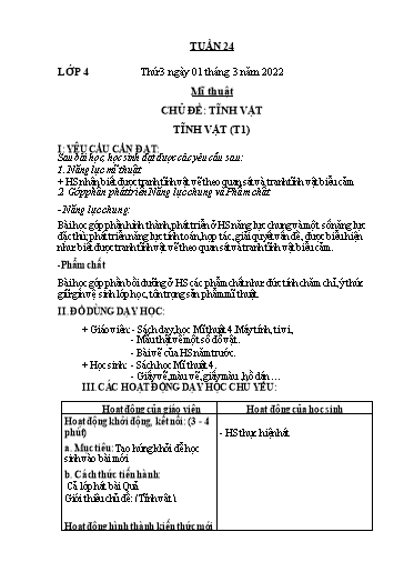 Kế hoạch dạy học môn Mĩ thuật Lớp 1-5 - Tuần 24 - Năm học 2021-2022 - Trần Thị Tố Hoa